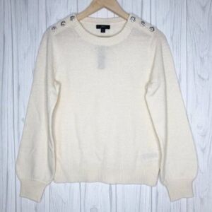 J. Crew Cream Lambswool Blend Jeweled Button Puff Sleeve Crewneck Sweater L NWT